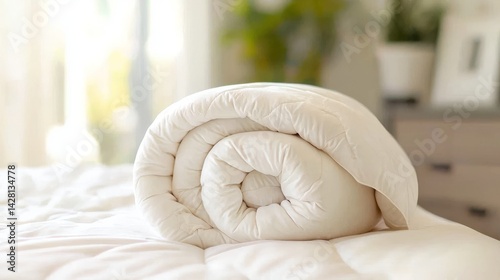 White folded duvet resting on a pristine white bed.