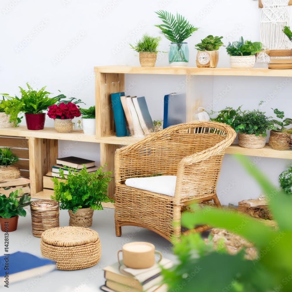 Fototapeta premium Cozy Indoor Garden Nook: Wicker Chair, Wooden Shelves with Books and Plants, Creating a Relaxing and Natural Atmosphere