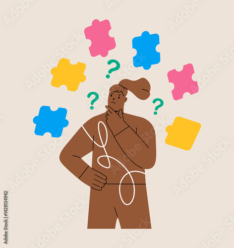Symptoms of dementia. Woman loses her memory. Colorful vector illustration