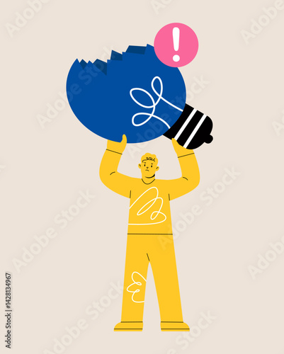 Man holding broken light bulb with crack. Solution fail concept. Colorful vector illustration