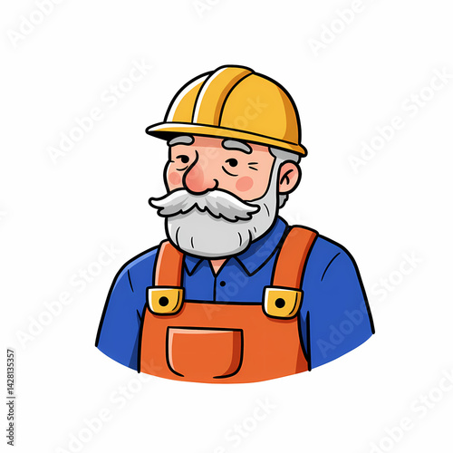 Construction Worker, Serious Gaze, Wearing Helmet Steadily, Against White Background. Elderly builder with helmet