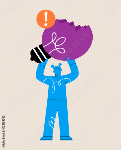Woman holding broken light bulb with crack. Solution fail concept. Colorful vector illustration
