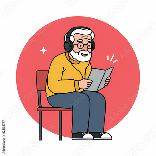 Old Man with Happy Mood Listening to Audiobook Against Red Background. Elderly man with headphones, elderly man with headphones learning