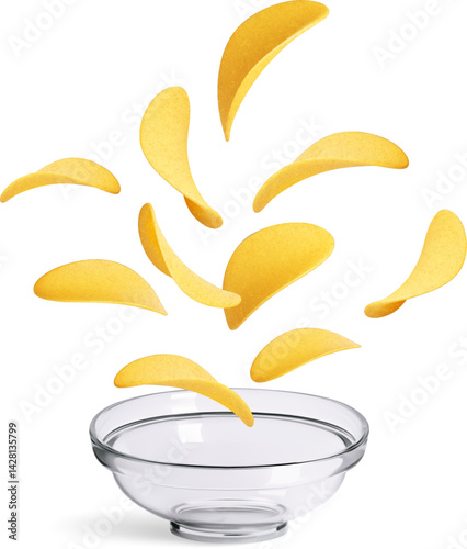 Potato Chips Falling in Bowl