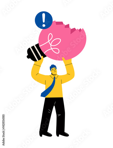 Business man holding broken light bulb with crack. Solution fail concept. Flat vector illustration isolated on white background