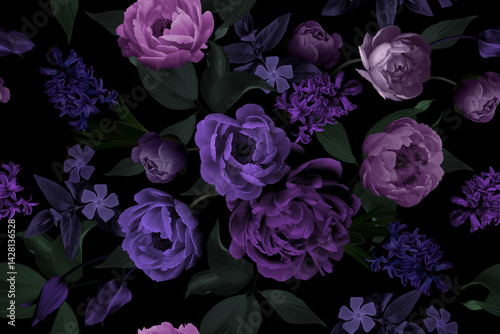 Floral seamless pattern. Vintage Spring Flower illustration. Multicolored Peonies and Hyacinths in Full Bloom. Luxurious garden flowers on black background. Template for textiles, wallpaper, wrapping