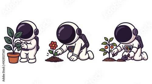 Cartoon Astronaut Planting Flowers and Taking Care of Plants