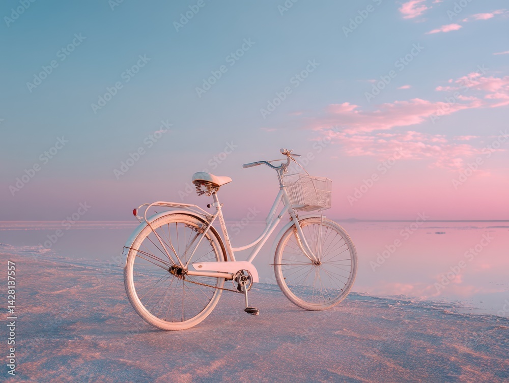 Fototapeta premium Pastel-toned bicycle by a tranquil, pink-hued lake.