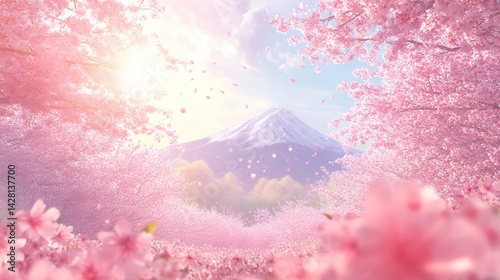 満開の桜と富士山の見える風景