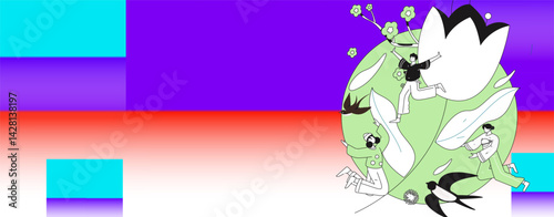 Vector flat illustration of characters in spring

