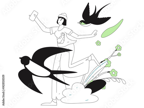 Vector flat illustration of characters in spring
