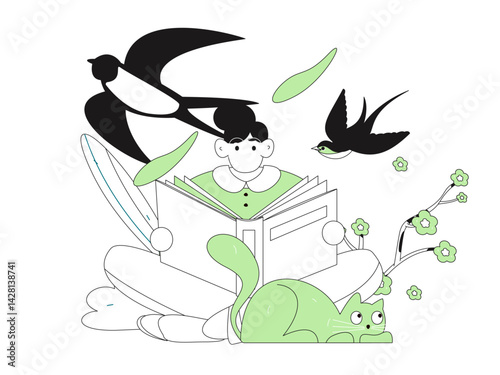 Vector flat illustration of characters in spring

