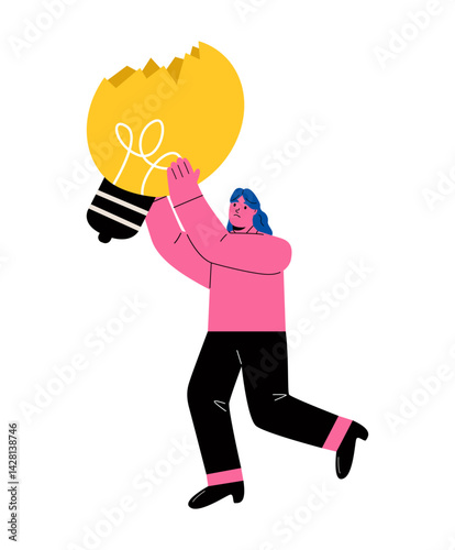 Idea finding. Business woman is holding a broken light bulb. Flat vector illustration isolated on white background