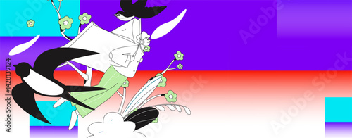 Vector flat illustration of characters in spring
