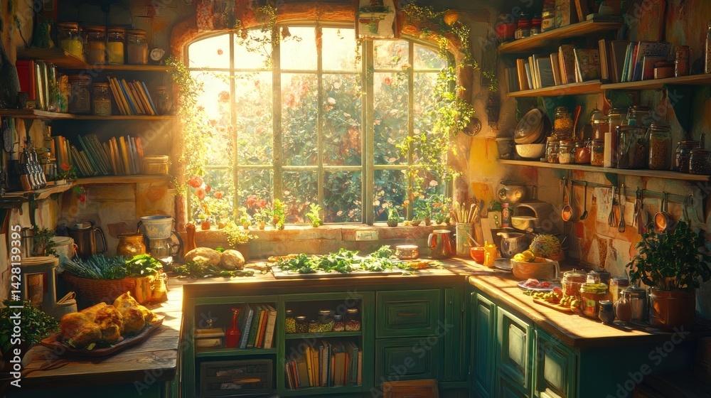 Naklejka premium Rustic, sun-drenched kitchen with abundant greenery.