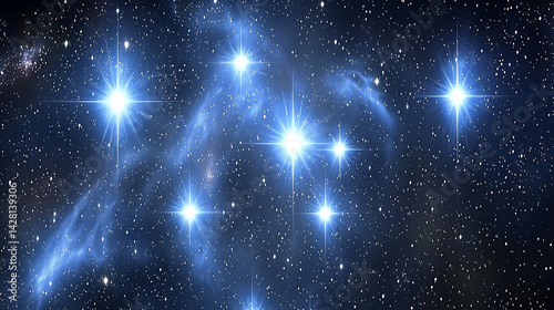 A blue sky with stars and a bright star in the middle