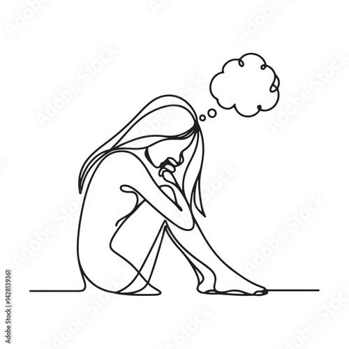 Pensive Woman Silhouette Continuous Line Art Thinking and Contemplating