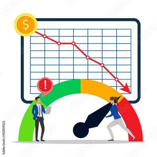 Businesswoman pushing speedometer needle to fighting financial crisis and businessman analyzing graph of business down. 