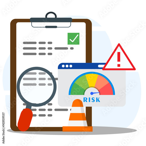 Risk assessment concept. Analyszing for risk management with speedometer, magnifying glass, clipboard, document task list and alert symbol. Solving problem, creating strategy and crisis management. 