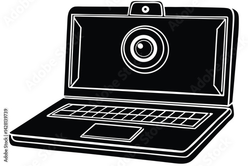 Stylized Black and White Laptop with Prominent Webcam Illustration, Vector Graphic