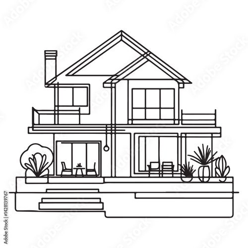 Beautiful House Silhouette with Garden Outline Vector Illustration 