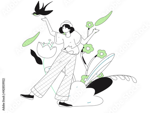 Vector flat illustration of characters in spring
