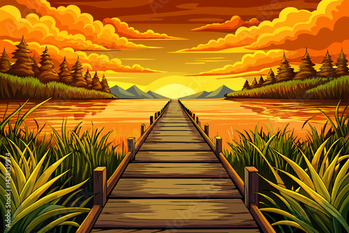 Amazing Wooden walking path on One Mile Lake landscape. Dramatic Sunrise Sky vector