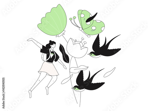 Vector flat illustration of characters in spring
