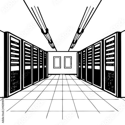 Data Center Interior Illustration in Black and White  