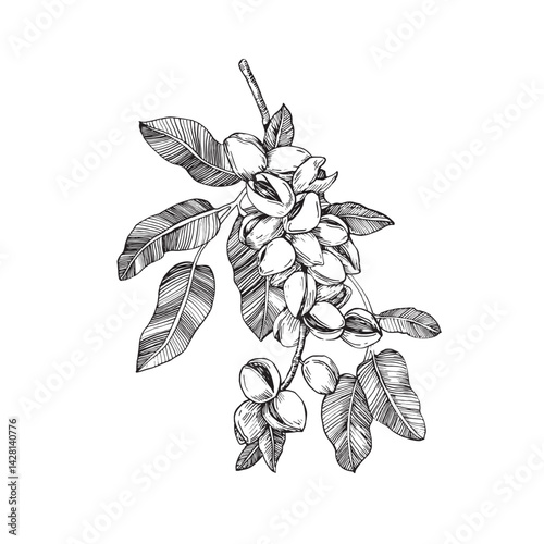Pistachio branch with nuts and leaves. Vector black and white illustration hand drawn with ink. Ripe fruits on a branch. Isolated object for label design.