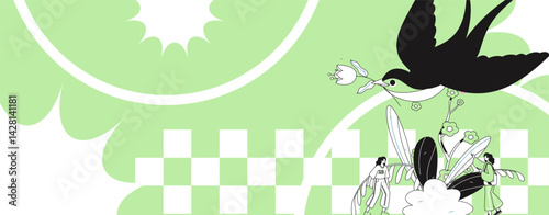 Vector flat illustration of characters in spring
