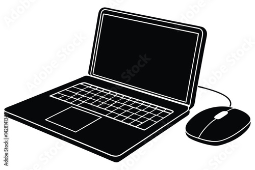 Monochromatic Laptop and Mouse Illustration with Clean Lines and Simple Design