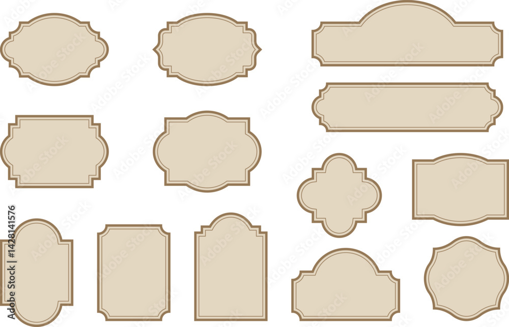 Elegant vintage labels with ornate frames in cream beige and brown color. Classic tags with decorative border for handmade branding and rustic packaging. Set of vector designs with blank space
