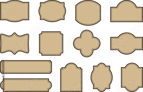 Elegant vintage labels with ornate frames in cream beige and brown color. Classic tags with decorative border for handmade branding and rustic packaging. Set of vector designs with blank space