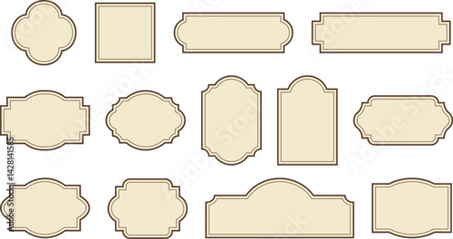 Elegant vintage labels with ornate frames in cream beige and brown color. Classic tags with decorative border for handmade branding and rustic packaging. Set of vector designs with blank space