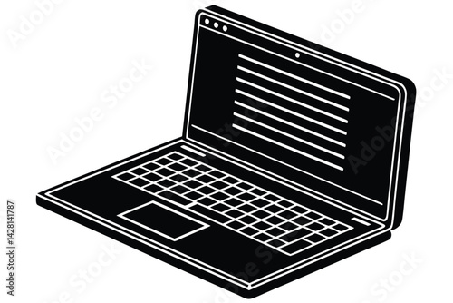 Isometric view of a laptop displaying text content in black and white