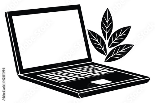 Stylized Black and White Illustration of a Laptop with Plant Imagery