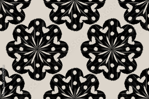 Motif Ikat floral seamless pattern in black on gray background, geometric abstract background art. Ethnic Handmade boho tribal seamless wallpaper. Design for texture, fabric, clothing, and decoration