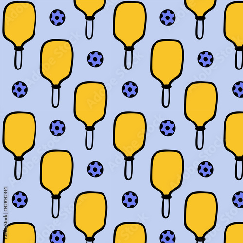 Pattern with pickleball balls and paddle. Sport seamless pattern with doodle paddle . Design for print, banner, card, fabric, cover, wrapping paper, wallpaper. Concept of sport, activities, hobbies.
