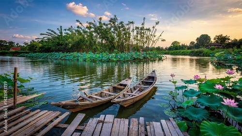 An evening scene at a pond in Ban Tom features two boats near a wooden bridge and beautiful pink lotus blossoms.