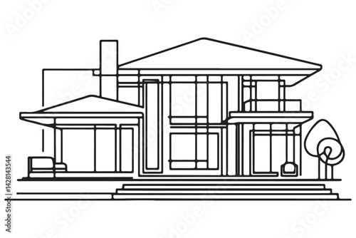 Modern House Architecture Exterior Minimalist Style Line Drawing