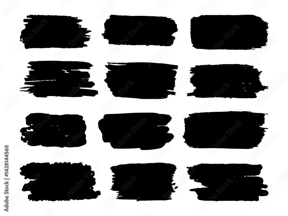 Hand Drawn Grunge Brush Stroke. A collection of 12 unique black brush strokes with rough textures and organic edges perfect for headers, backgrounds, and artistic compositions