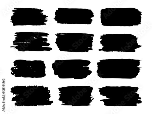 Hand Drawn Grunge Brush Stroke. A collection of 12 unique black brush strokes with rough textures and organic edges perfect for headers, backgrounds, and artistic compositions