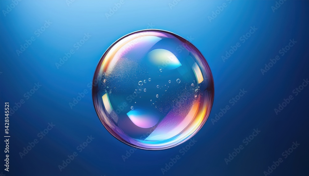 Bubble of Reflection: A close-up view captures the mesmerizing beauty of a single soap bubble, iridescent and shimmering against a soft blue backdrop, displaying the delicate dance of light and form. Bubble of Reflection: A close-up view captures the mesmerizing beauty of a single soap bubble, iridescent and shimmering against a soft blue backdrop, displaying the delicate dance of light and form.