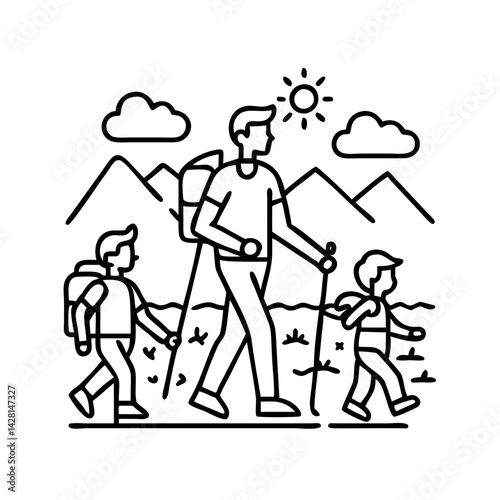 dad and family hiking icon, dad and family hiking line art - simple line art of dad and family hiking, perfect for dad and family hiking logos and icons