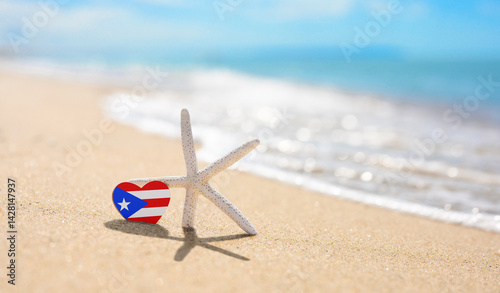 Best vacation. Starfish and Puerto Rico flag on sandy beach. Puerto Rico resort