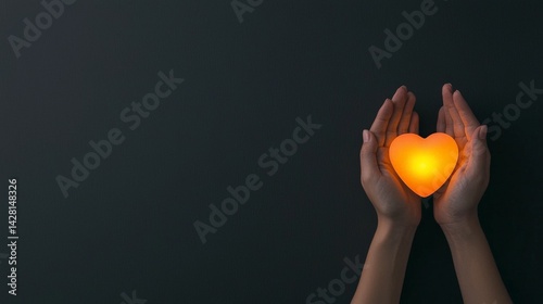 Two hands hold a glowing orange heart against a dark background, symbolizing love, care, and emotional warmth.