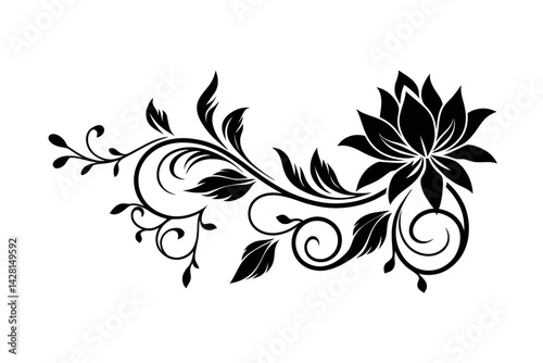 A black floral design features a large blossoming flower with swirling vines and leaves extending outward.