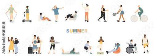Summer time banner. Different people are engaged in various types of leisure and relaxation. 