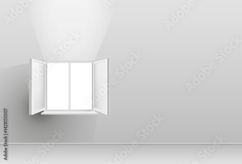 White plastic window frame on a neutral background.
 Wide realistic open window with slopes and window sill,
 office. Template layout for interior design.
 Vector illustration